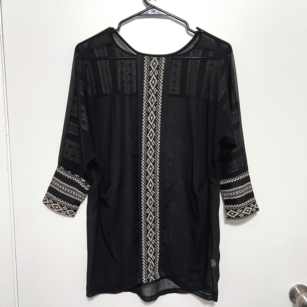 Staring‎ At Stars Black Sheer Boho Geometric Top Size M Embroidered Whimsigoth